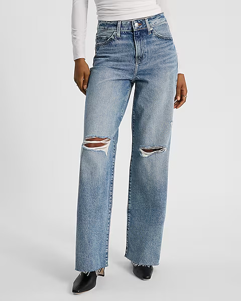 High Waisted Medium Wash 50/50 Rigid Stretch Ripped Wide Leg Jeans | Express