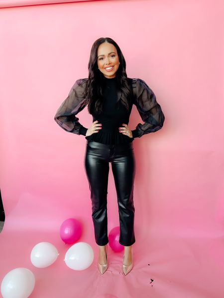 Valentines Day Tops: mesh sleeves! Code: SARAH_JUDE for 20% off my long sleeve mesh sleeve top. I love an all black look! Wearing a size 25 / short length in leather pants. Code: DENIMAF for additional 15% off my leather pants! 

#LTKSale #LTKSeasonal #LTKunder100