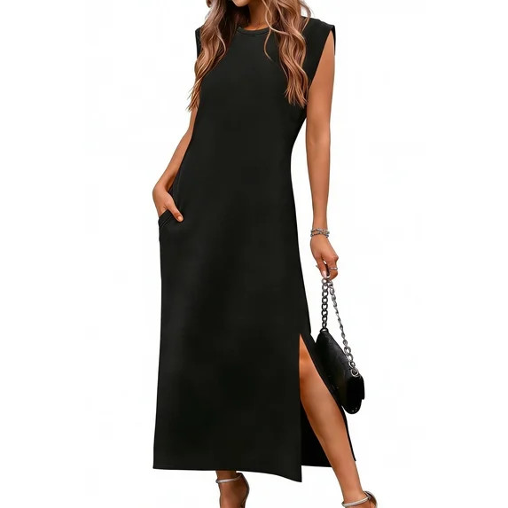 Fantaslook Womens Maxi Dress Round Neck Sleeveless Sundress Loose Split Wrinkle-Free Summer Long ... | Walmart (US)