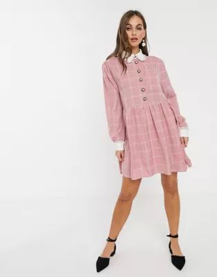 Sister Jane mini smock dress with ornate buttons in light grid check | ASOS US