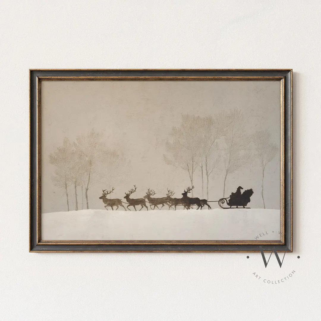 Christmas Santa Sleigh & Reindeer Silhouette Print: Vintage Style Winter Holiday Decor, Snowy Lan... | Etsy (US)