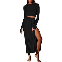 Pink Queen Women's 2 Piece Sweater Outfits Set Crop Top Long Sleeve Split Bodycon Pleated Midi Lo... | Amazon (US)