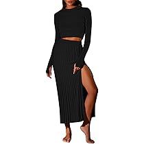 Pink Queen Women's 2 Piece Sweater Outfits Set Crop Top Long Sleeve Split Bodycon Pleated Midi Lo... | Amazon (US)