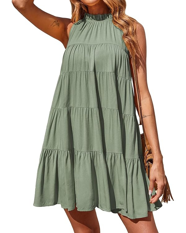Okiwam Women Summer Casual 2024 Sleeveless Halter Dress Ruffle Flowy Boho Sun Dress Loose Swing P... | Amazon (US)