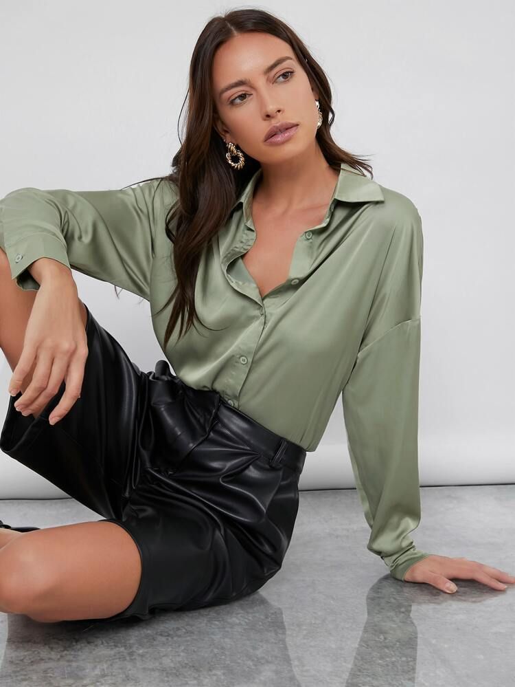 SHEIN Single Breasted Solid Satin Blouse | SHEIN