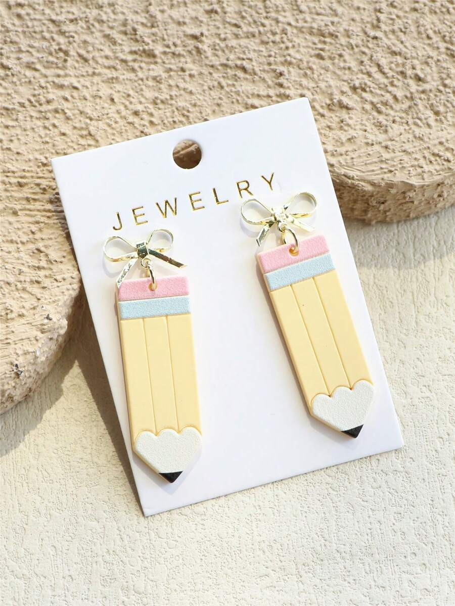 1 Pair Women's Elegant Gold Bowknot & Pencil Print Acrylic Earrings, Stylish School Season Access... | SHEIN