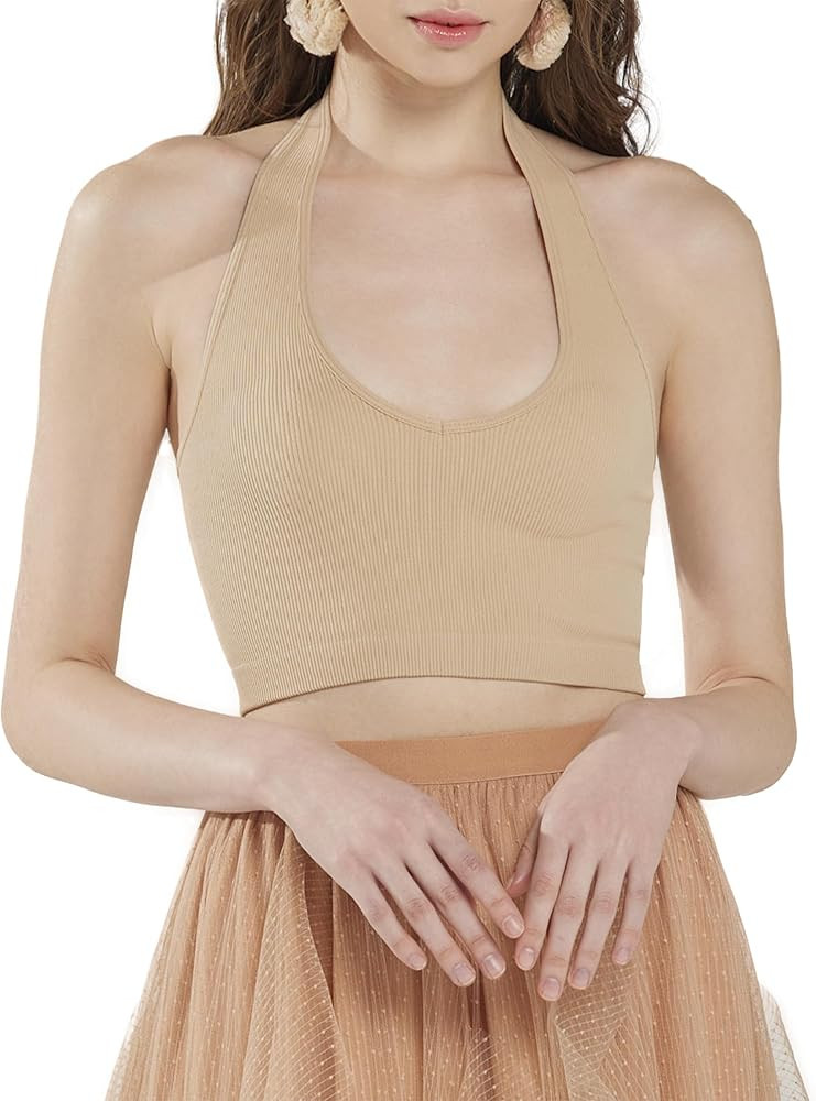 noflik Women's Seamless Halter V-Neck Ribbed Knit Bralette Women's Everyday Yoga Bra | Amazon (US)