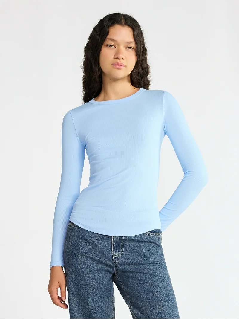No Boundaries Ribbed Crewneck Tee with Long Sleeves, Women's | Walmart (US)