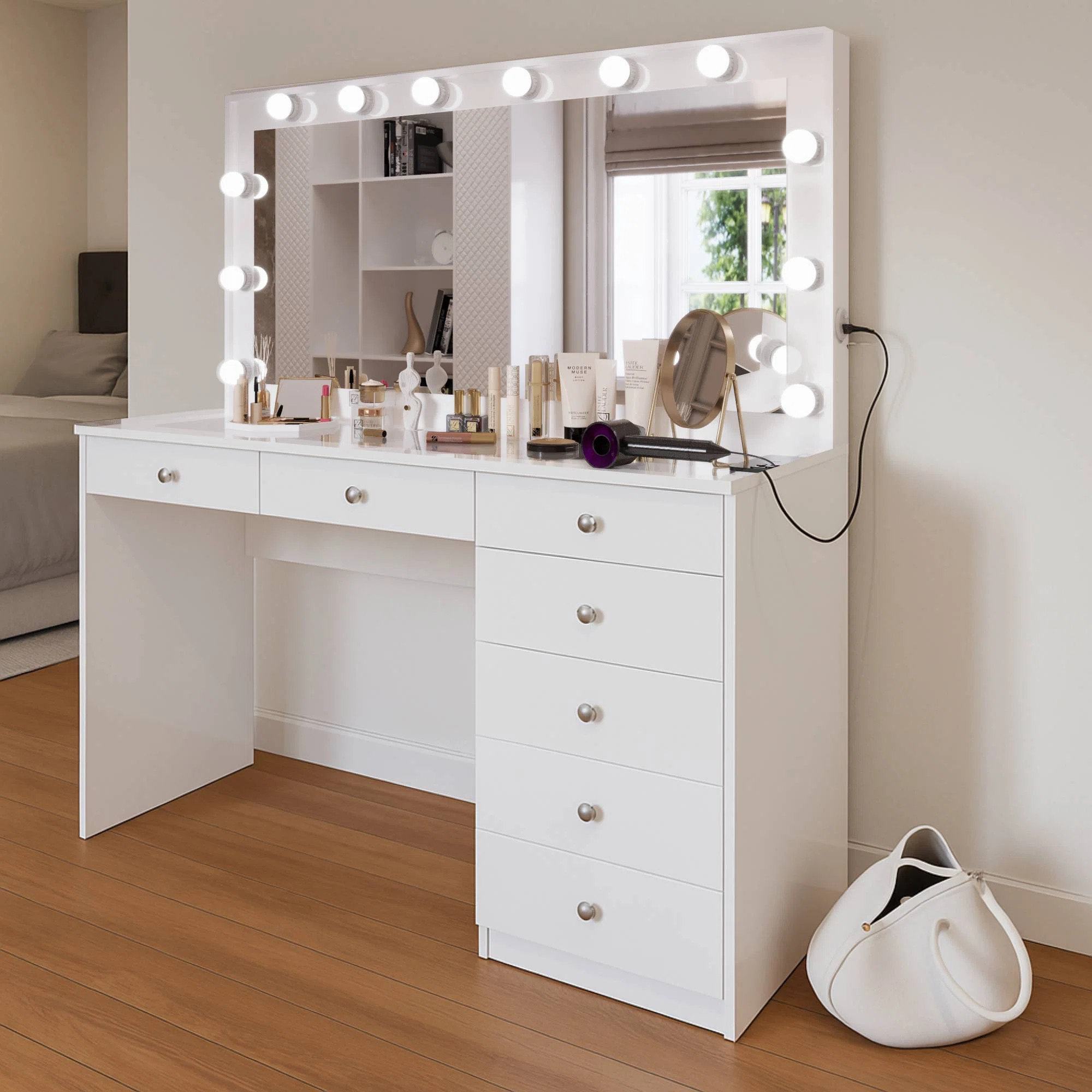 Boahaus Ketevan Lighted Vanity with Mirror, 8 Drawers, USB Outlet, Glass Top & Stool | Wayfair North America