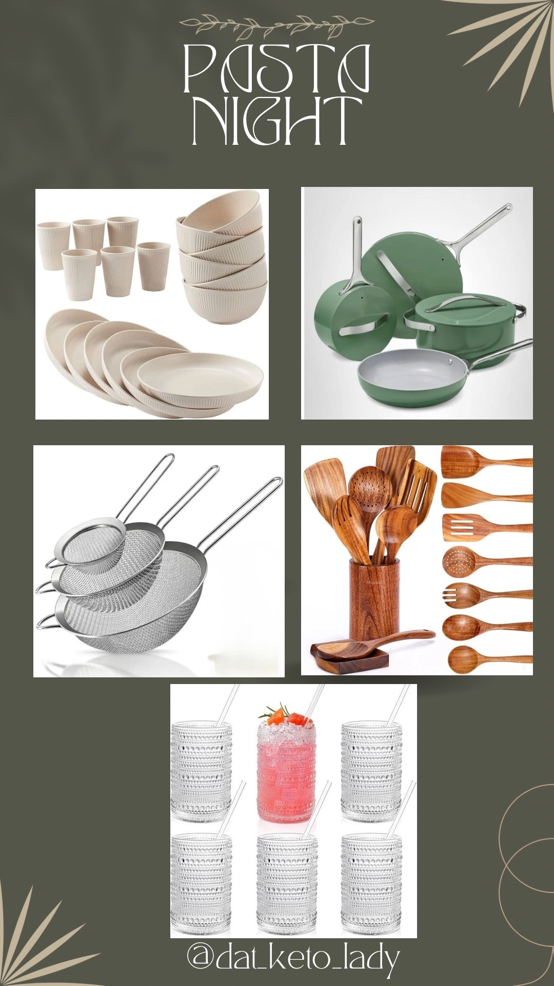 Elevate your next #PASTANIGHT with these beautiful and functional kitchen essential finds! 🍝
I've curated some of my favorite pieces perfect for serving up pasta
We're talking:
 This gorgeous green cookware set for cooking with style! 
 Versatile bamboo (or similar textured) dinnerware for the perfect plating. 🥣
 Essential mesh strainers for the perfect drain. 🚿
 And that beautiful wooden utensil set with holder (love that dark wood!). 
Everything you need for a cozy, delicious, and Instagram-worthy meal at home.

#LTKfoodie #LTKdayinmylife #LTKHome