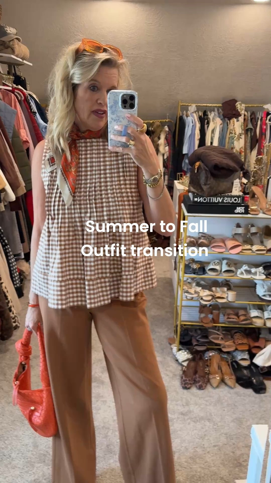 Summer 🌻to Fall🍂  transition outfit inspiration 

Love the color combo of orange and cognac 🍂🧡

Spanx trousers 
Pull on wide leg trousers that are classic/ comfortable/ and so easy to style . Fits tts  I am in a med 
🚨Save 15% with my code: Deardarcyxspanx 

Gingham pleated baby doll tank top- an affordable find that that quality is so good and fits tts… you would think it was Tuckernuck 
I am in the med 

🧡Fun accessories 

-Orange woven bag designer inspired 
- affordable orange sunglasses 
- the cutest Horsebit satin scarf 
- Gold jewelry 
- cognac leather strappy  wooden heel sandals

#LTKgrwm #LTKOver40 #LTKootd