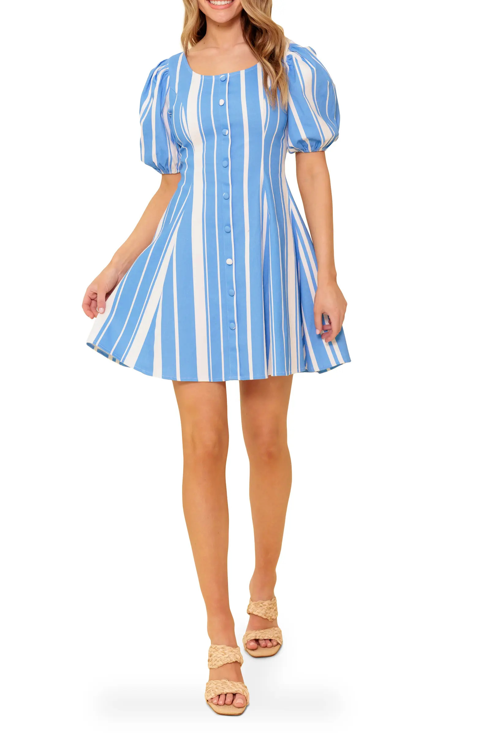 Stripe Puff Sleeve Fit & Flare Minidress | Nordstrom Rack