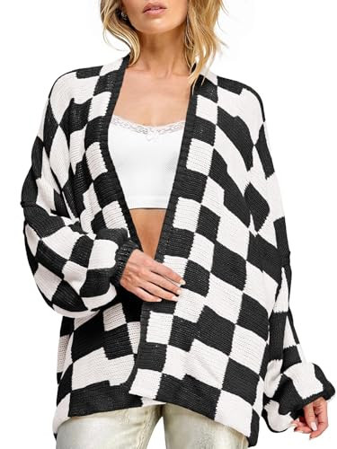 Saodimallsu Womens Checkered Oversized Cardigan Sweaters Color Block Chunky Open Front Lantern Sleeve Plaid Knit Coats Black | Amazon (US)