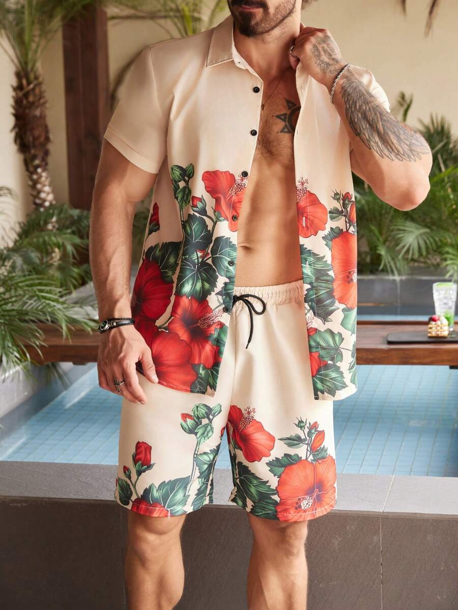Manfinity RSRT Men's Floral Printed Short Sleeve Button-Up Shirt And Drawstring Shorts With Pocke... | SHEIN
