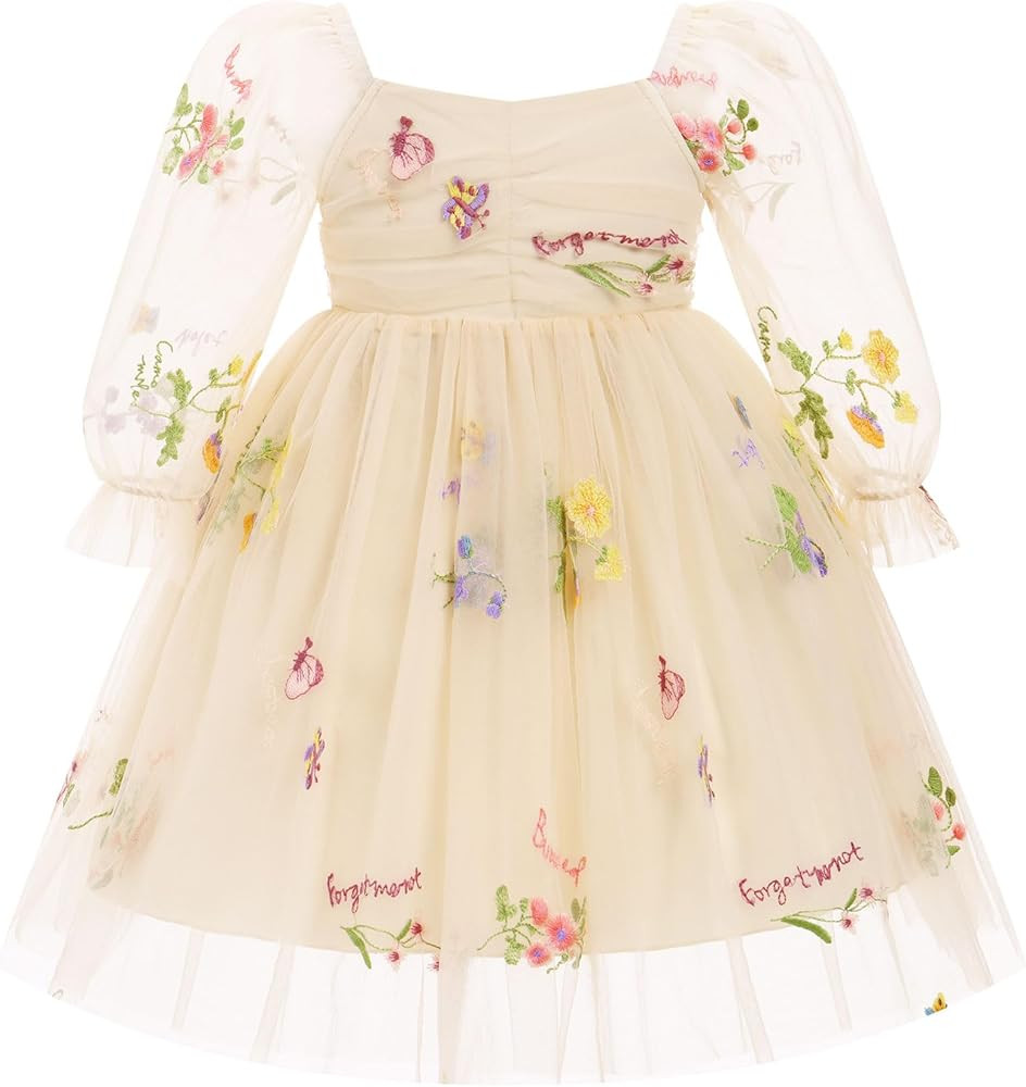 IMEKIS Toddler Girl Birthday Dress Floral Confetti Tulle Formal Wedding Party Long Sleeve Dress C... | Amazon (US)