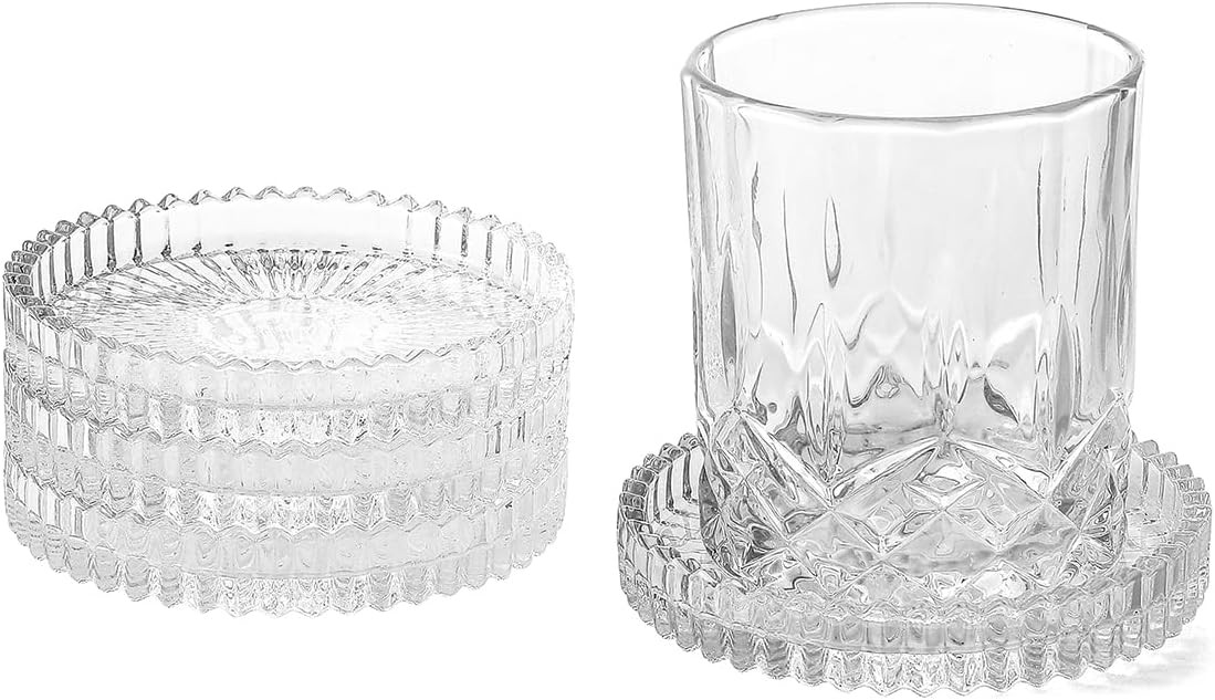 Glass Coasters Round Cup Mat, Clear Glass Coasters for Drinks Coffee Tea Wine, Decorative Wine Bottle Coaster, Crystal Drink Coaster for Restaurant bar Kitchen Dining Table (BD-Clear-4pcs) | Amazon (US)