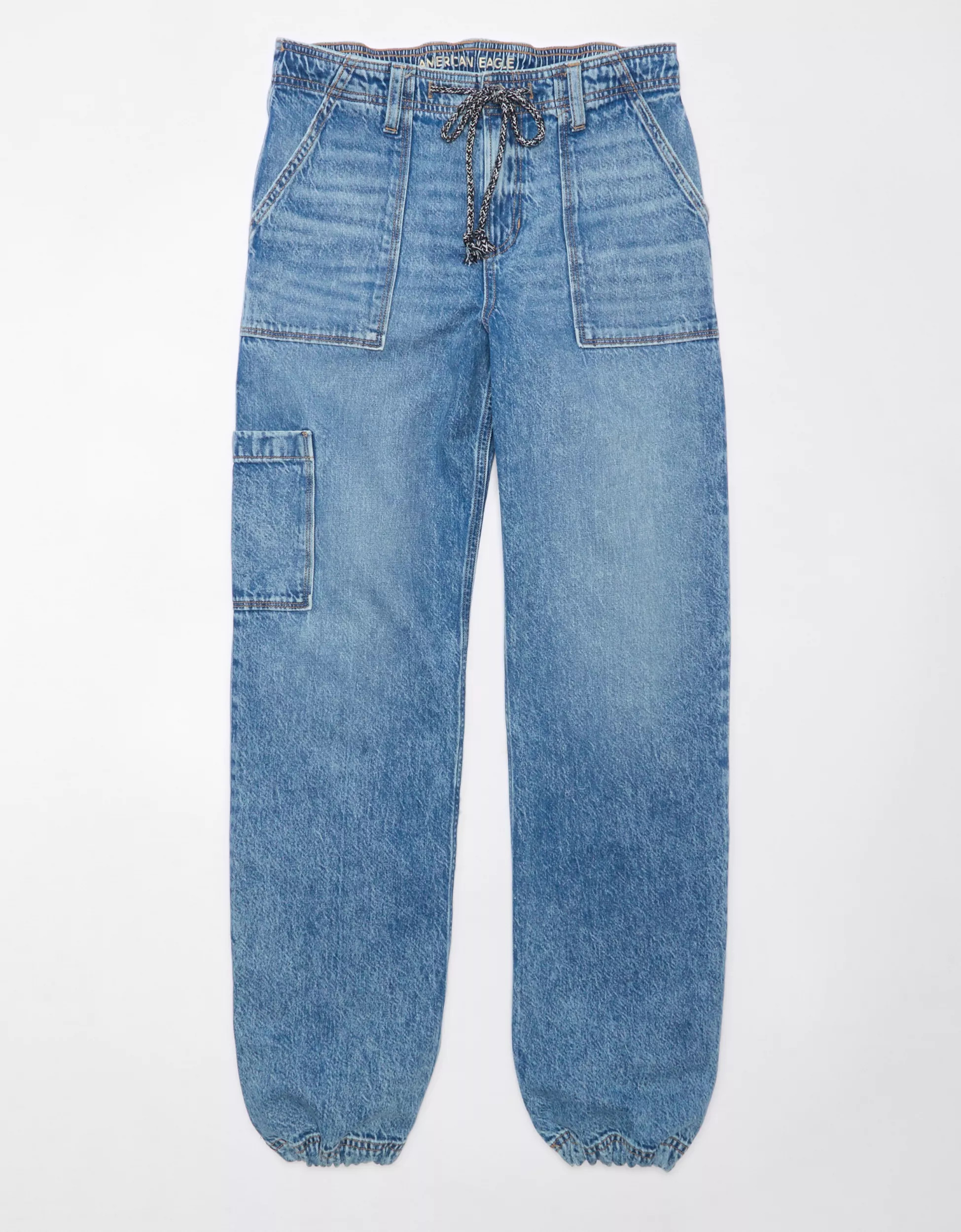 AE Dreamy Drape Stretch High-Waisted Baggy Cargo Jogger Jean | American Eagle Outfitters (US & CA)