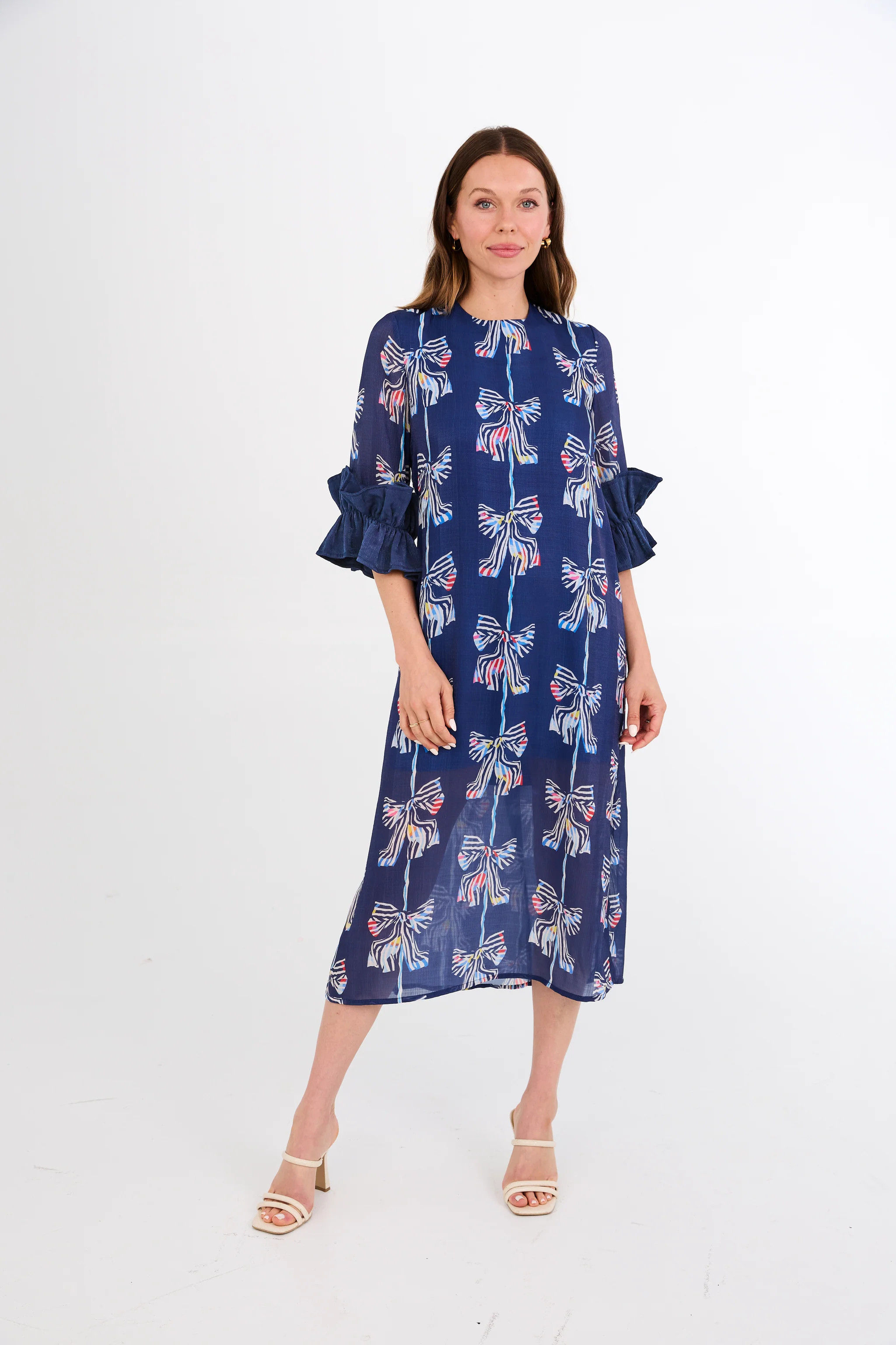 Bronwyn Dress Navy Bow Print Chiffon | Abbey Glass