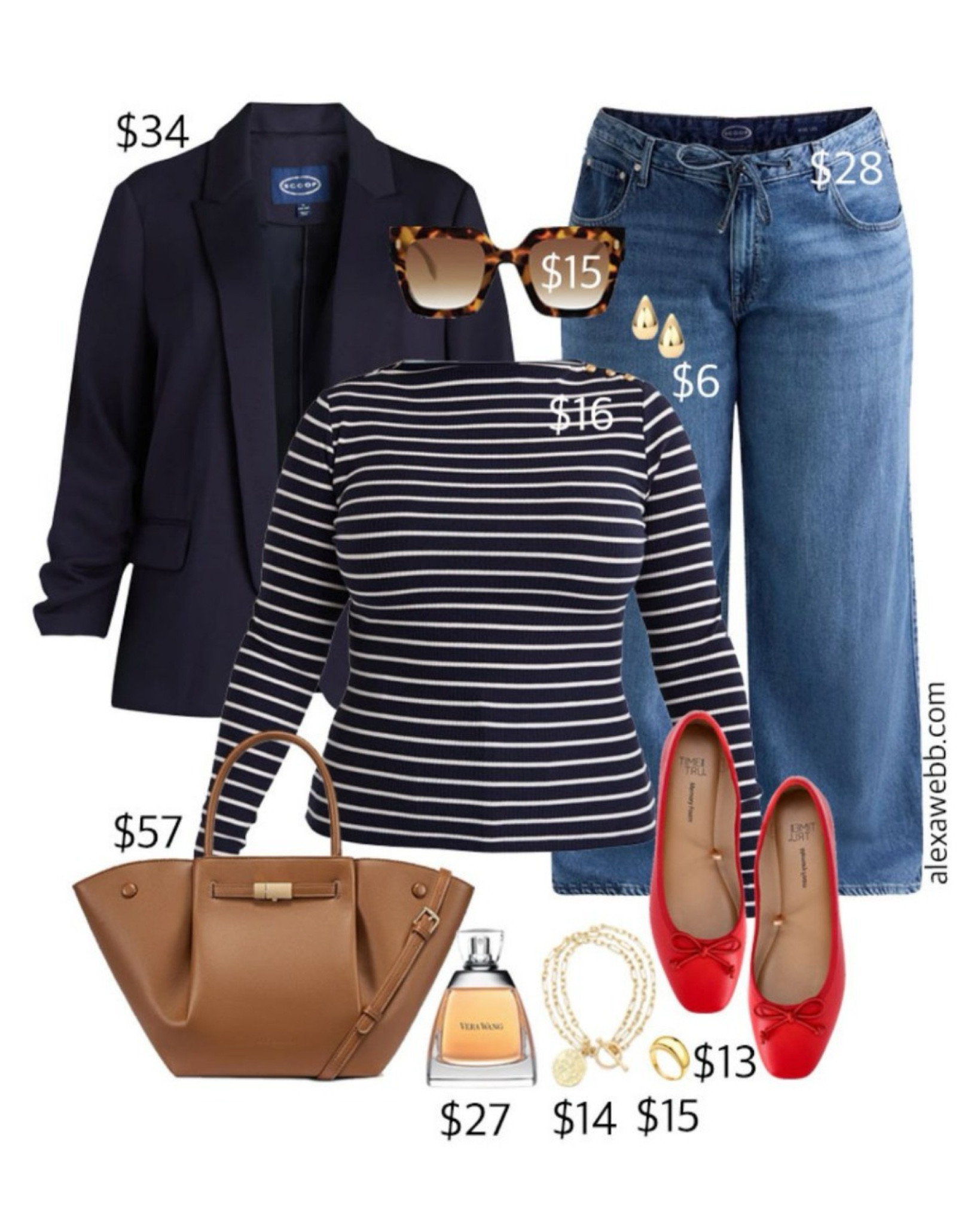 Plus Size on a Budget - Navy Blazer Outfit - A plus size casual outfit idea with a navy blazer, striped t-shirt, wide leg jeans, and red flats. Alexa Webb #plussize

#LTKStyleTip #LTKPlusSize #LTKOver40