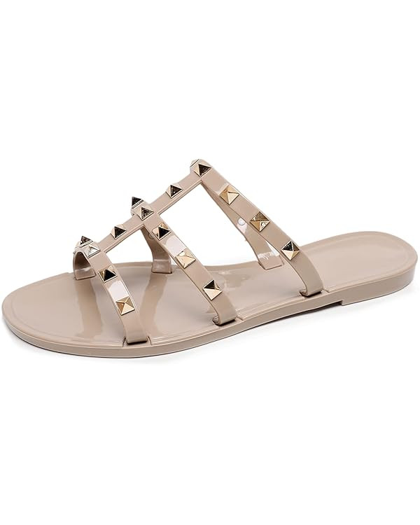 Women Flats Sandals, Studded Jelly Shoes Size 9 Red Dressy Summer Beach Rivets Strappy Jellies Sl... | Amazon (US)