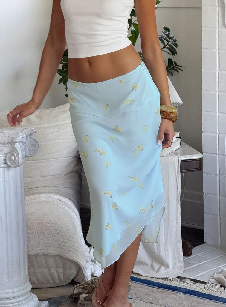 Daphene Asymmetrical Midi Skirt Blue Floral | Princess Polly US