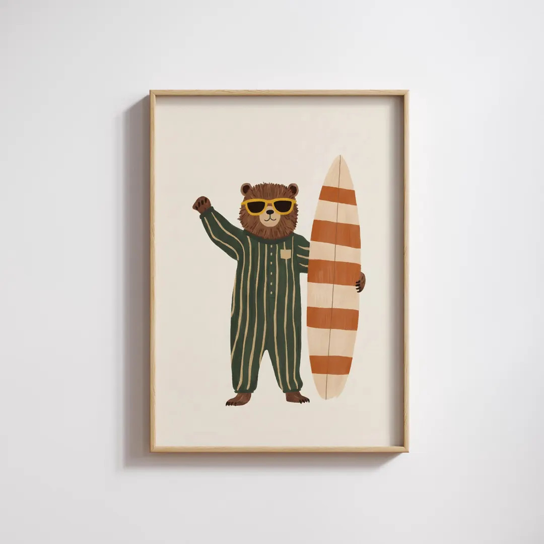 Retro Surfer Bear Wall Art Print, Sage Green Kids Room Decor, Physical Surf Nursery Poster, Neutr... | Etsy (US)