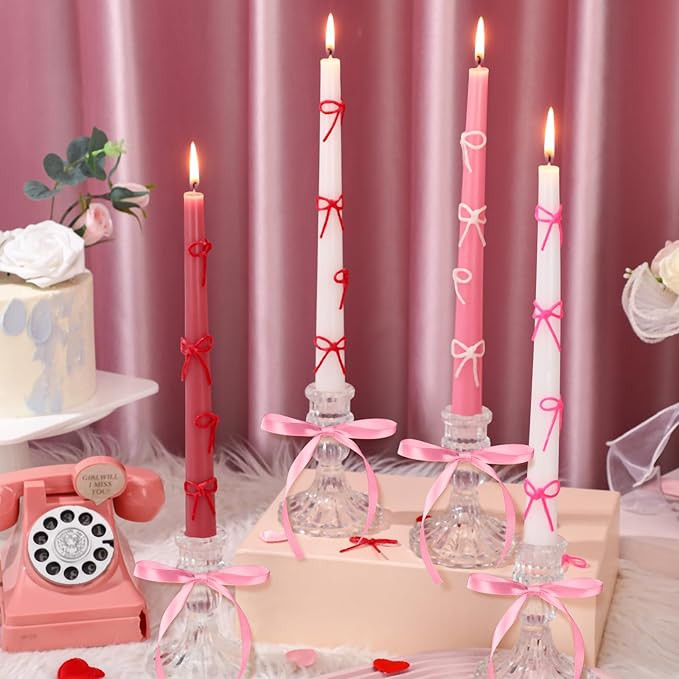 12 Set Pink Bow Party Suppies Coquette Pink Bow Candles Valentine's Day Pink Taper Candles Sticks... | Amazon (US)