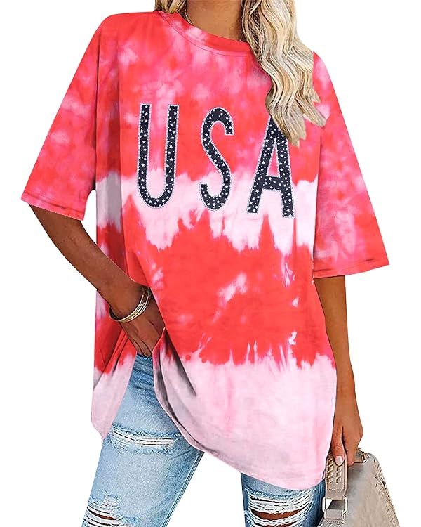 Womens USA Oversized Shirt 4th of July Tie Dye Tee Shirts American Patriotic Embroidered Crewneck... | Amazon (US)