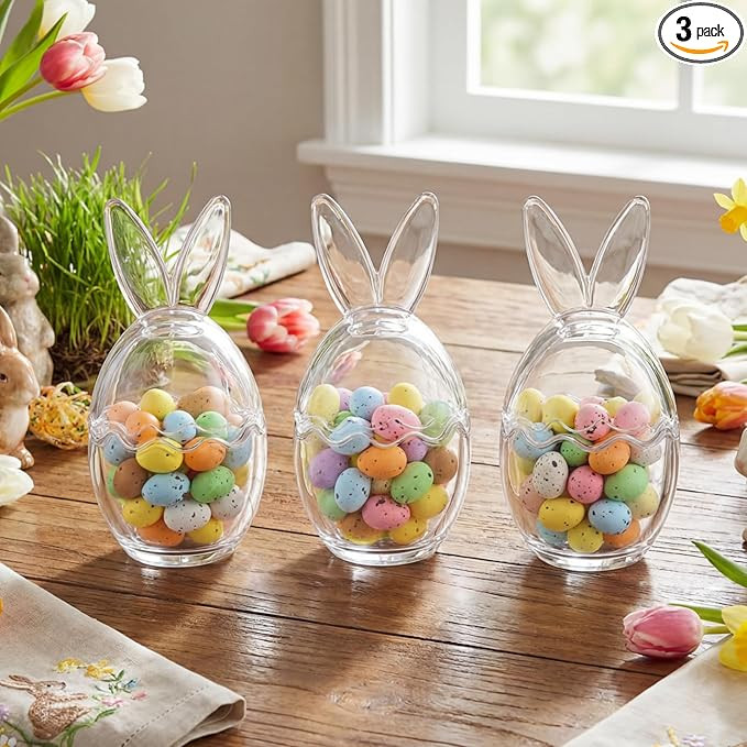 Mimorou 3 Pcs Easter Glass Jar with Bunny Ear Lid Bunny Candy Cookie Jar with 100 Easter Egg Rabb... | Amazon (US)