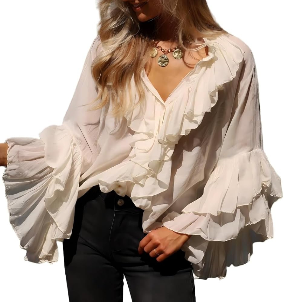 Flowy Chiffon Ruffled Top for Women Boho Puff Long Sleeve Peplum Shirts Fall V Neck Tie Front See... | Amazon (US)