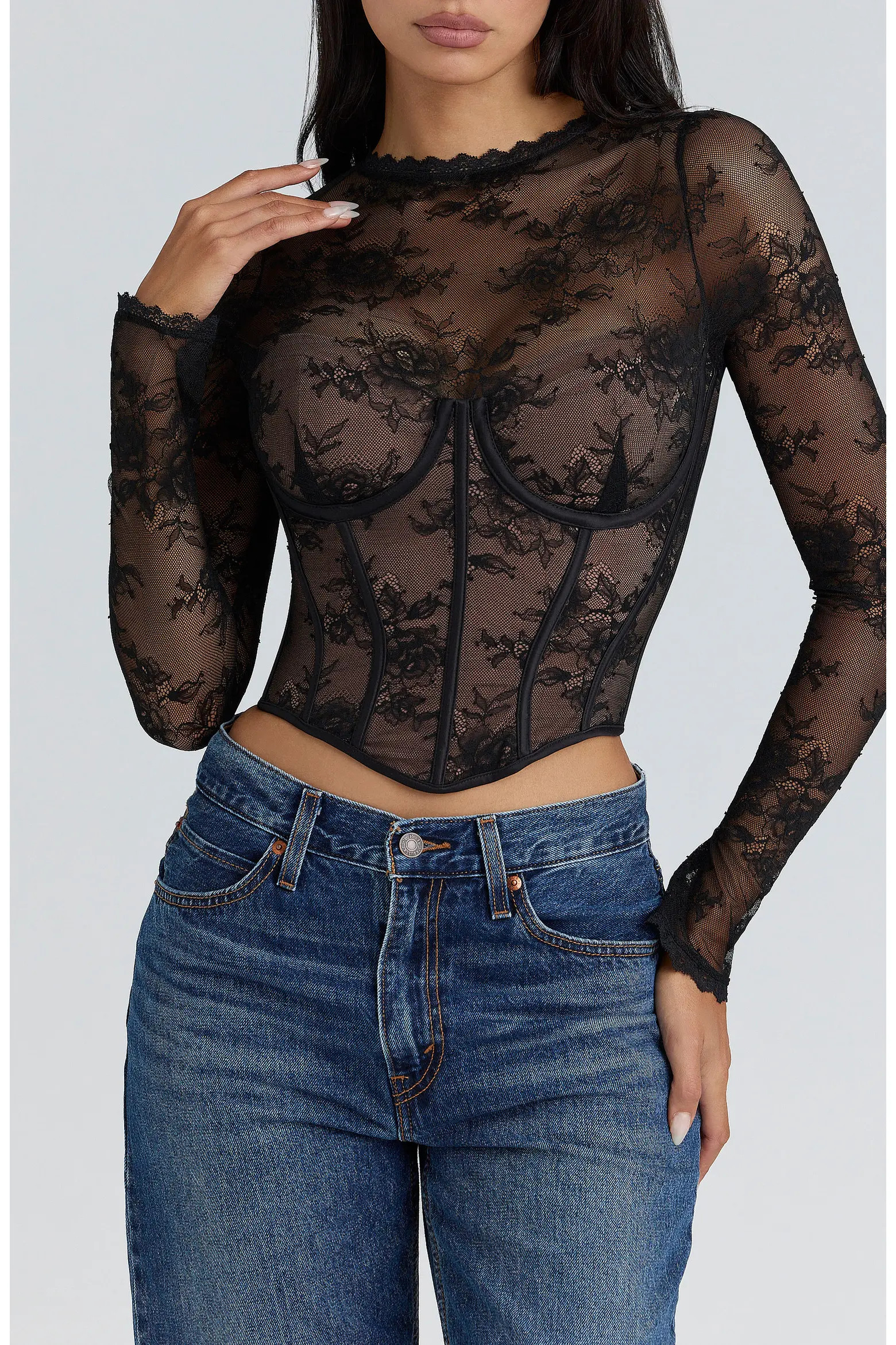 HOUSE OF CB Zoe Long Sleeve Lace Crop Corset Top (Women) | Nordstrom | Nordstrom