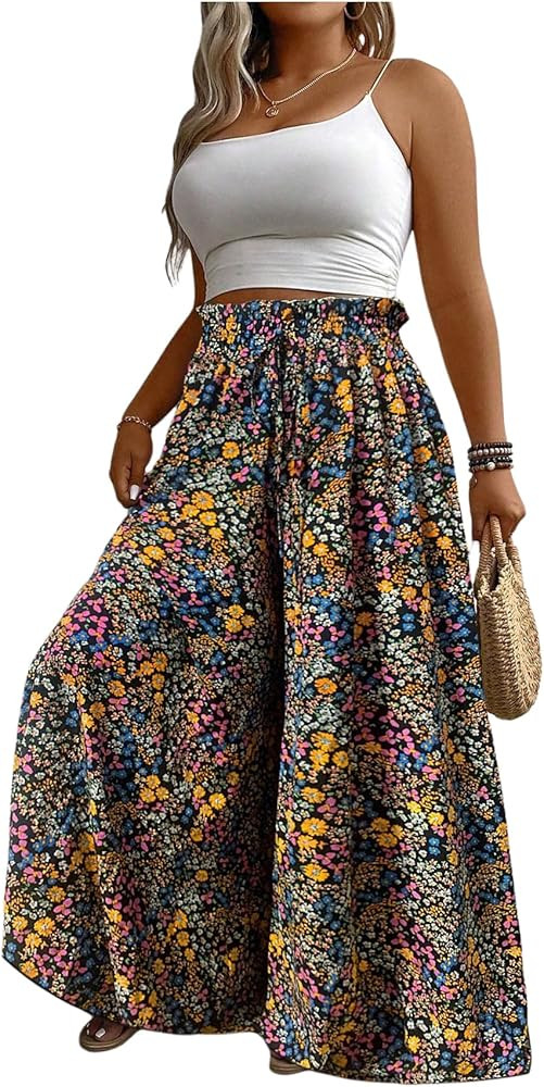 BEAUDRM Women's Plus Size Flowy Palazzo Pants Floral Baggy Wide Leg Pants Boho Lounge Pants Summe... | Amazon (US)