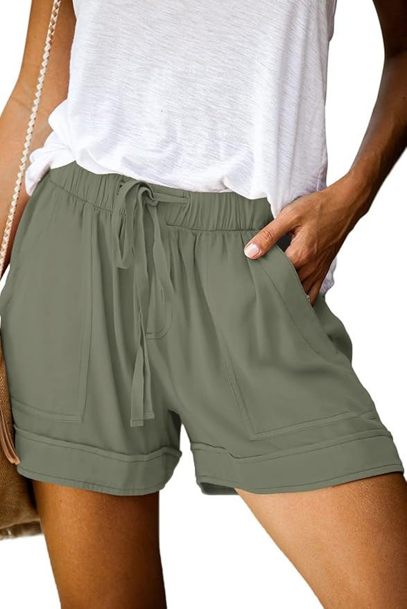 QUEEN PLUS Womens Casual Shorts Comfy Elastic Waist Drawstring Pocket Shorts Pants | Amazon (US)