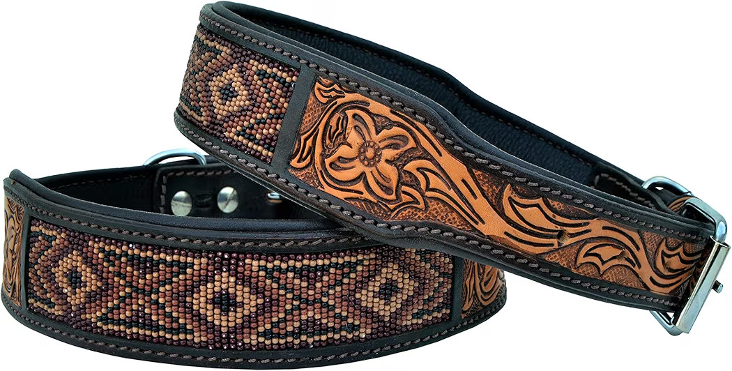 Leather Dog Collar Western Style Heavy Duty Hand Tooled Adjustable Beaded and Padded Soft for Pup... | Amazon (US)