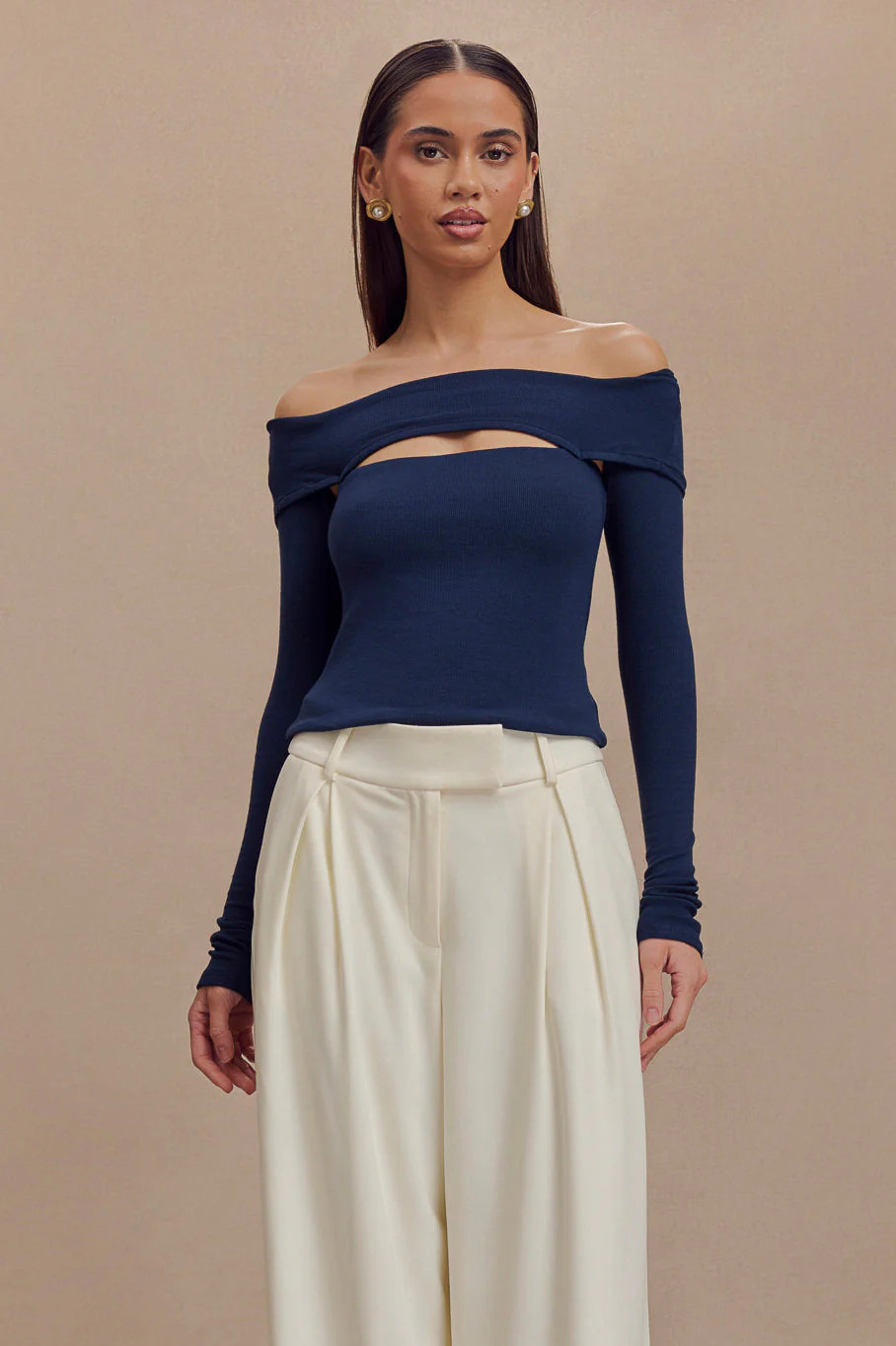 Briah Cut Out Modal Long Sleeve Top - Dark Navy | MESHKI US