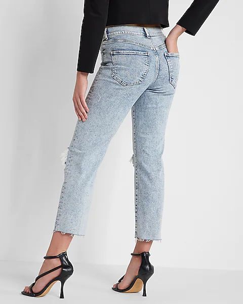 High Waisted Light Wash Ripped Straight Ankle Jeans | Express