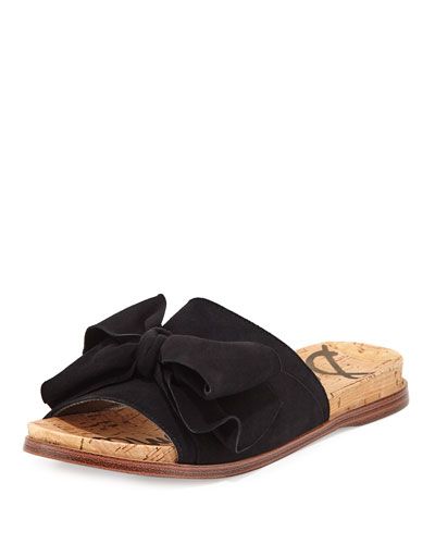 Henna Bow-Top Suede Flat Sandal, Black | Neiman Marcus