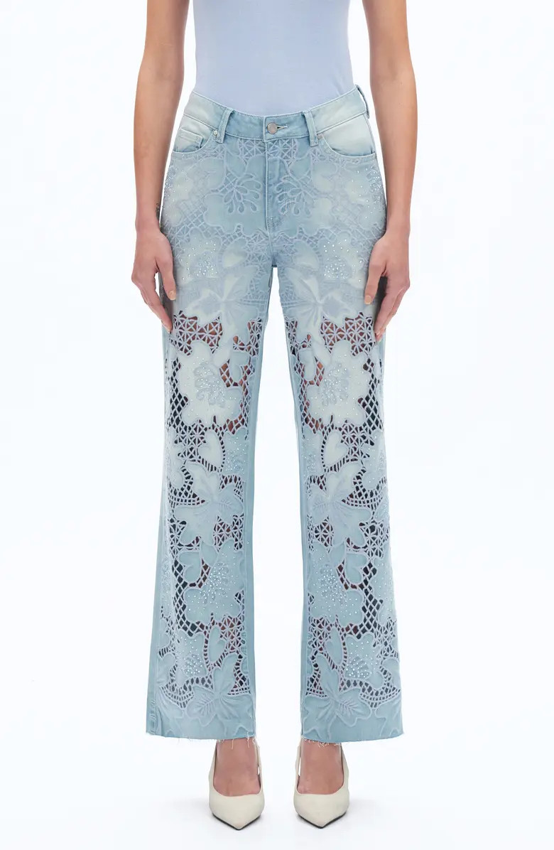 Crystal Embroidered Raw Hem High Waist Relaxed Straight Leg Jeans | Nordstrom