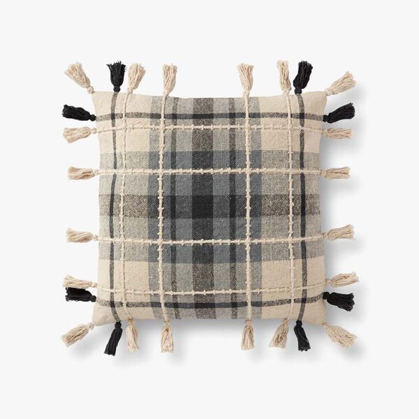 Gray and Black Embroidered Plaid Pillow with Tassels | Bellacor