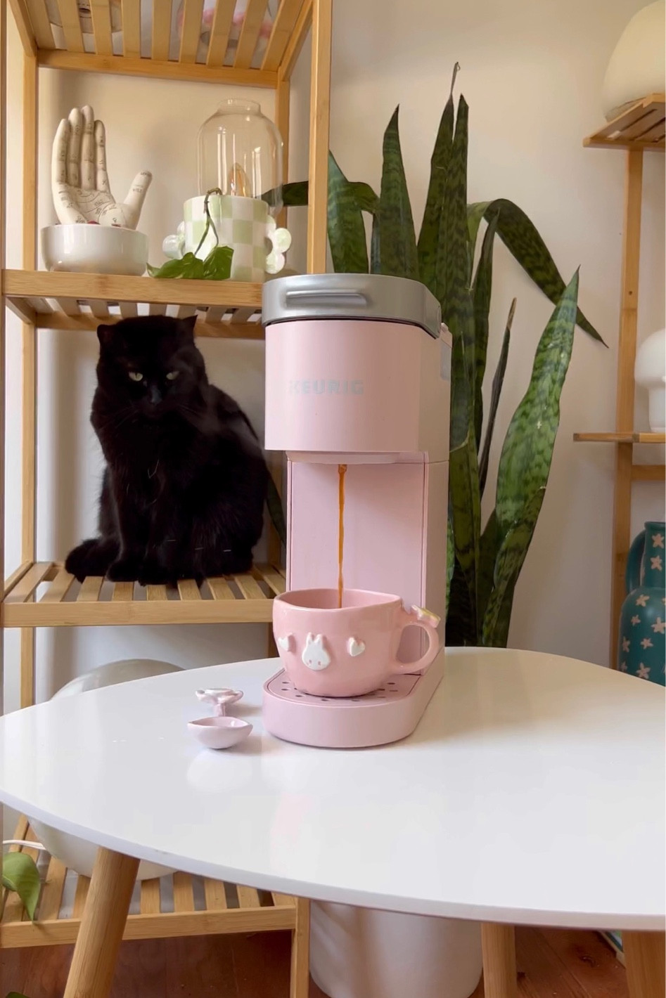 keurig mini coffee machine bamboo shelf plant stand pink coffee mug 

#LTKhome