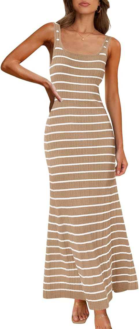 MEROKEETY Women's 2025 Sleeveless Summer Tank Dress Striped Bodycon Maxi Dress Square Neck Ribbed... | Amazon (US)