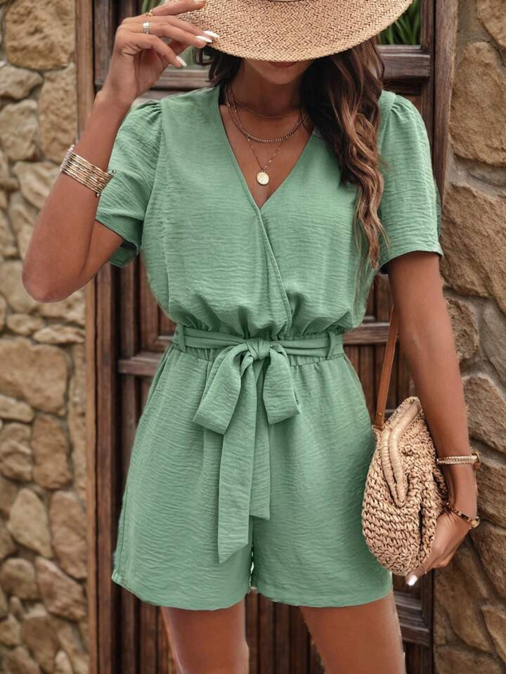 SHEIN Frenchy Solid Color Bow Tie Waist Jumpsuit, Suitable For Summer And Vacation,Romper | SHEIN