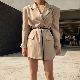 LIPHOP - Padded-Shoulder Longline Wrap Blazer With Belt | YesStyle Global