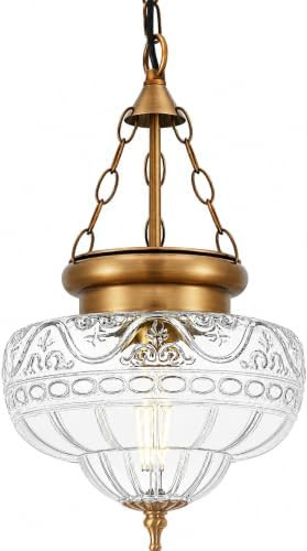 Vintage Antique Brass Pendant Light, Textured Glass Island Fixture | Adjustable Height with 90° ... | Amazon (US)