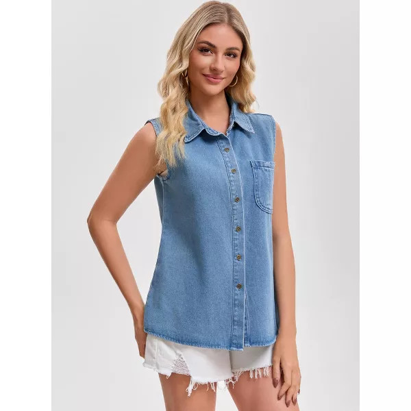 INSPIRE CHIC Women's Denim Sleeveless Button Down Collared with Pockets Jean Shirt Medium Sky Blue | Target