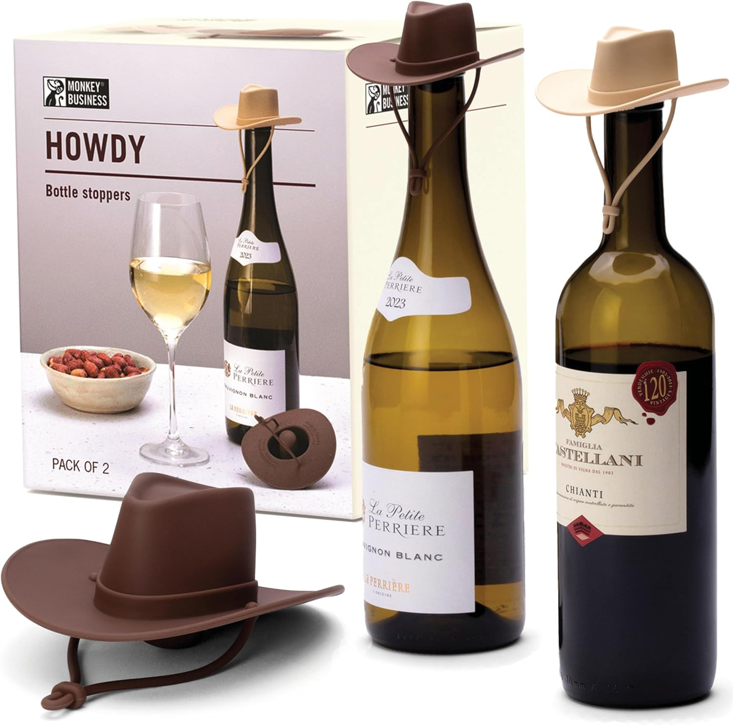 Monkey Business Howdy - 2-Pack Cowboy Hat Wine Stoppers – Fun Silicone Bottle Stoppers Keep Win... | Amazon (US)