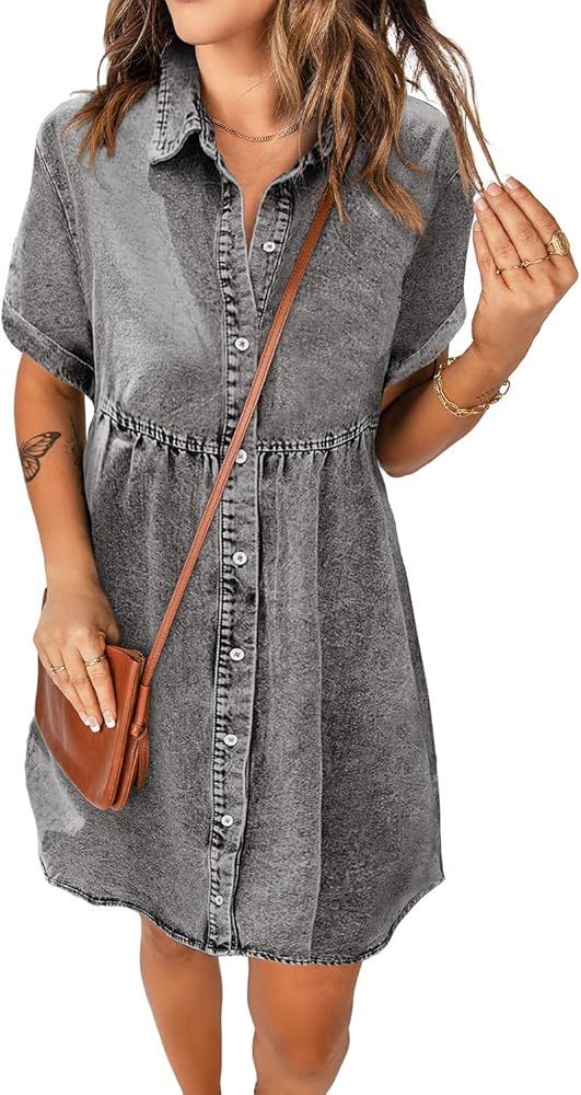 luvamia Women's Casual Short Sleeve Button Down Tiered Denim Babydoll Jean Dress | Amazon (US)