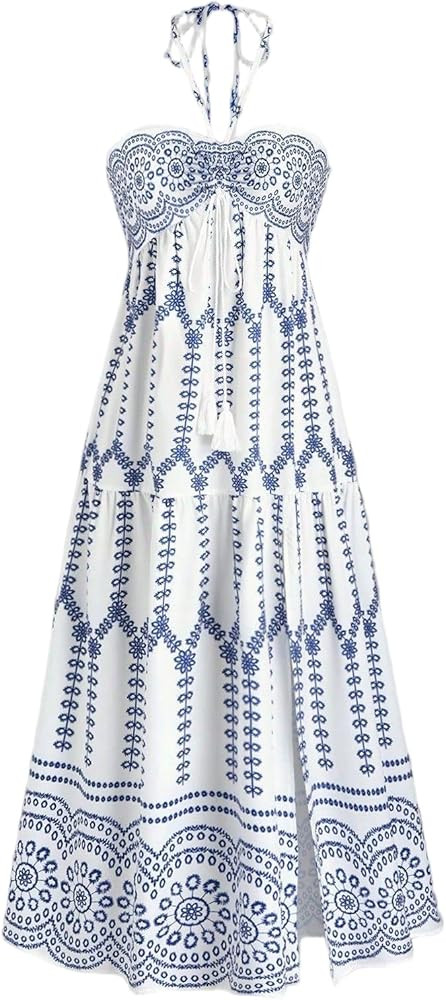 SKAYS Women's Summer Dress Halter Boho Maxi Dress Vacation Beach Floral Outfits Backless Casual E... | Amazon (US)