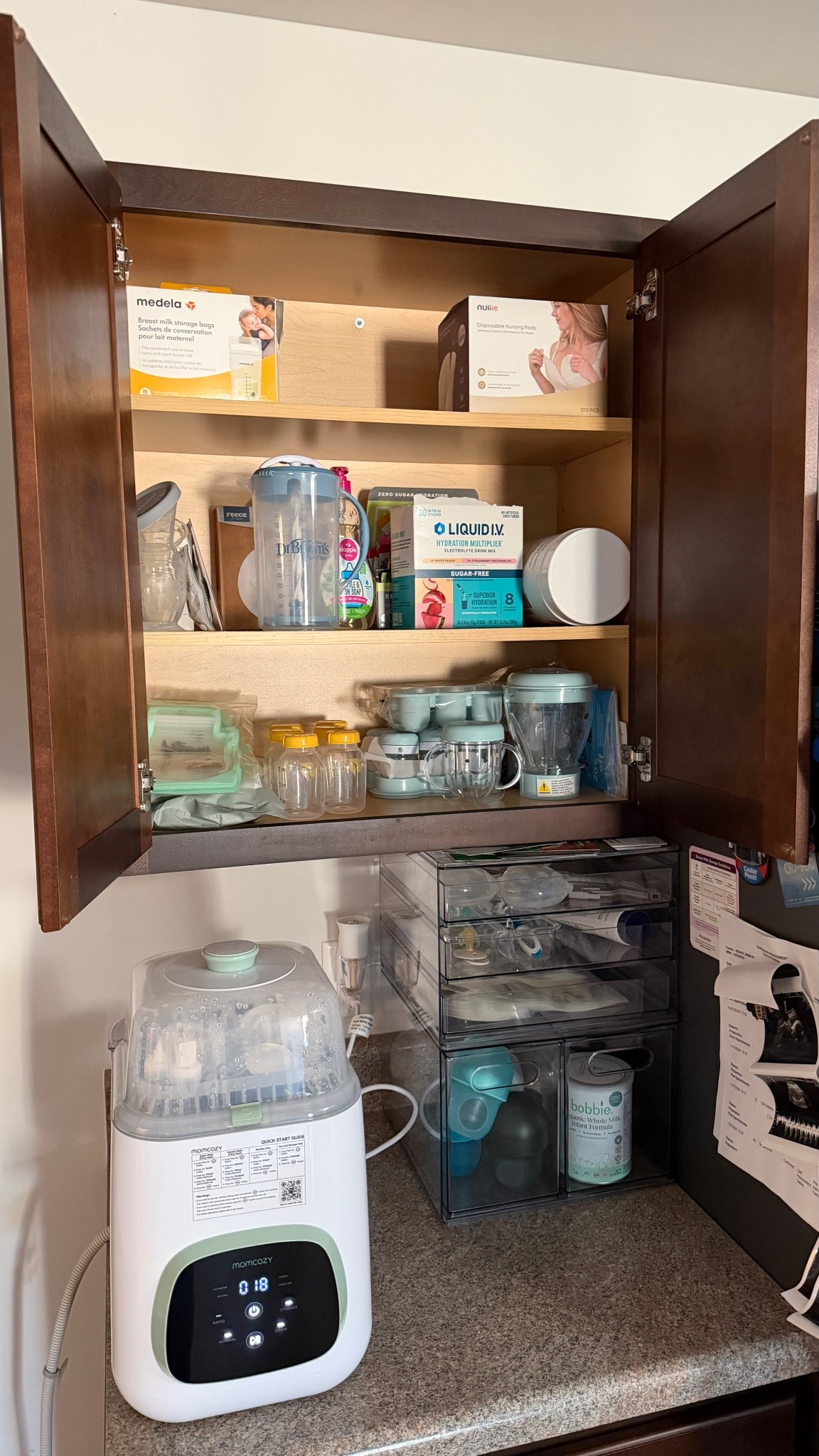 Baby station in the kitchen 🩵🍼 #momcozy #babystation #babyorganization 