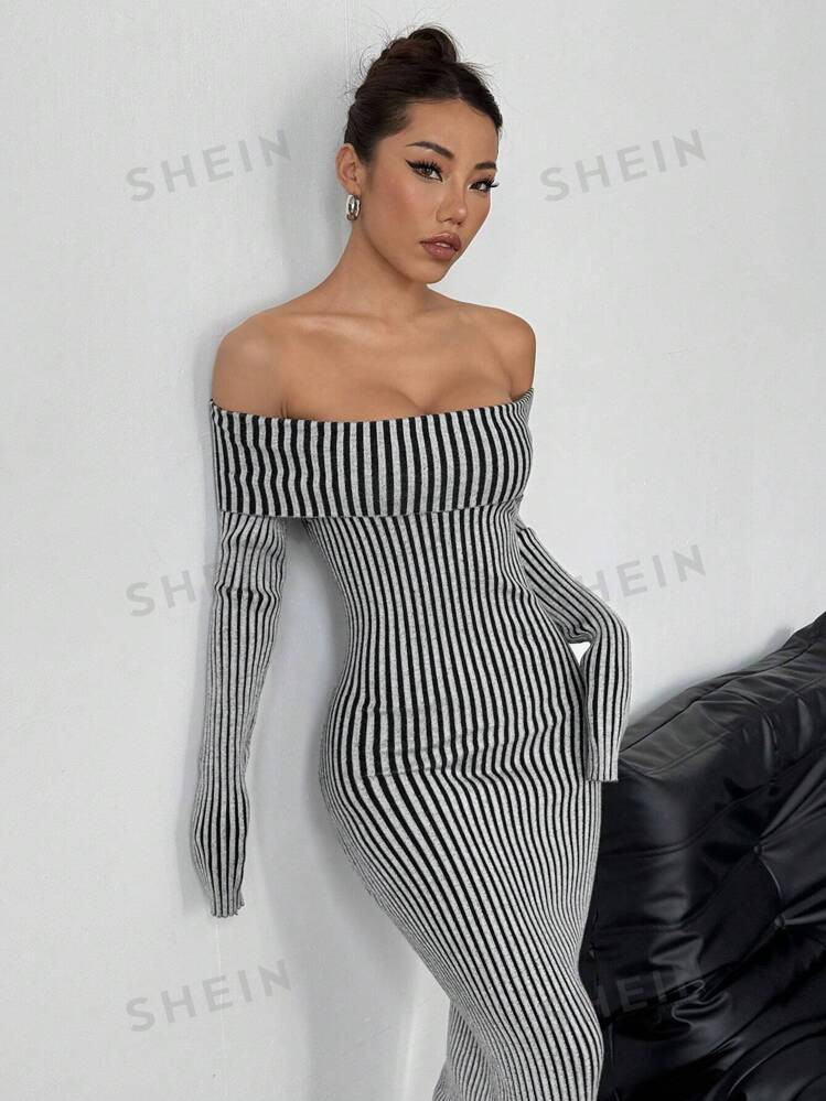 SHEIN MOOSTA Casual Off Shoulder Striped Fitted Long Sweater Dress, Autumn | SHEIN